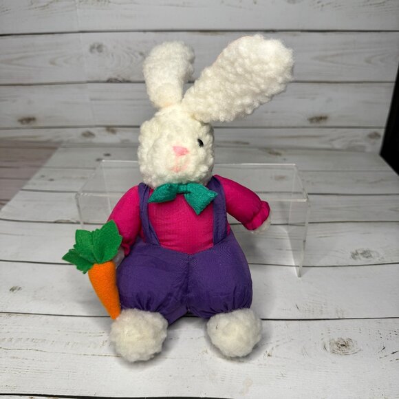 Vtg Nylon Easter Bunny Rabbit with Carrot 9" Purple Pink Plush Stuffed Animal - Picture 1 of 6